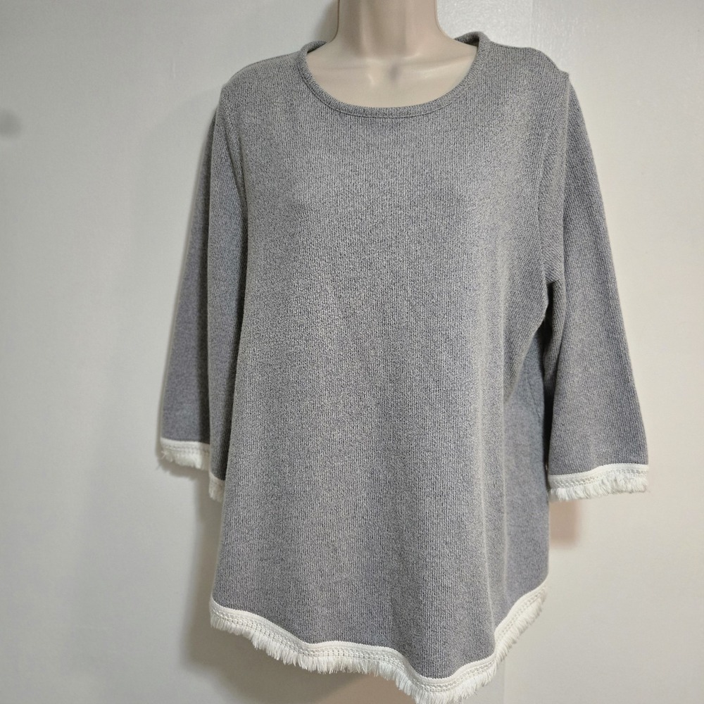 J Jill Size L Gray French Terry Tunic Top 3/4 Sleeve Round Neck Fringe‎ Trim